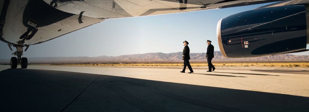 Delta pilots conducting pre-flight walk-around inspection of aircraft on tarmac