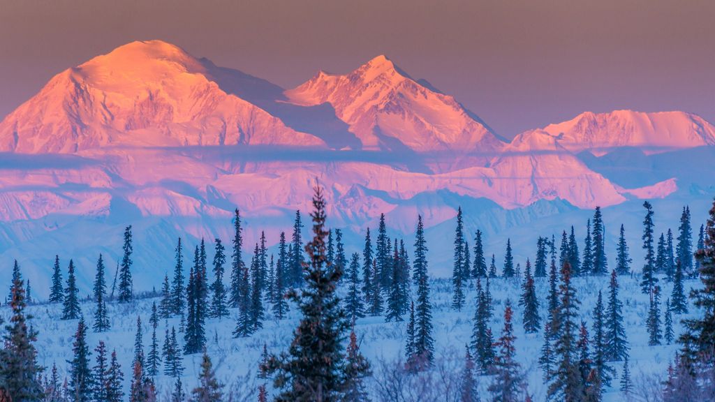 Snow-covered mountains at sunset with a pinkishorange glow, dark evergreen trees in the foreground, and a sky transitioning from orange to purple.