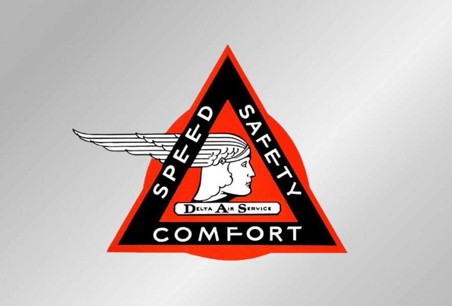 Delta Air Service logo from 1929 featuring a profile view of the winged head of Mercury, the Roman god of travel and commerce, inside a red triangle with a black border. The words 'SPEED', 'SAFETY', and 'COMFORT' are written inside the border.