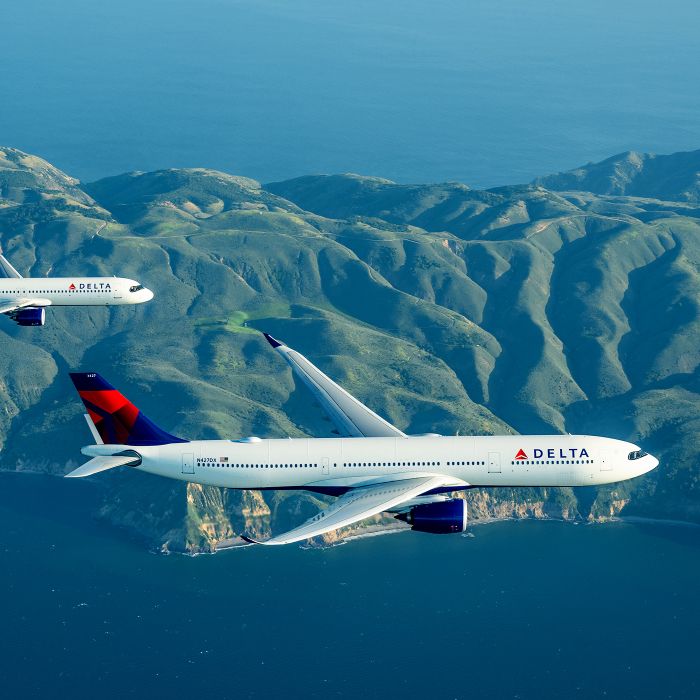 Two Delta airplanes fly side by side above open water, with a lush mountain range visible in the distance under a clear sky.