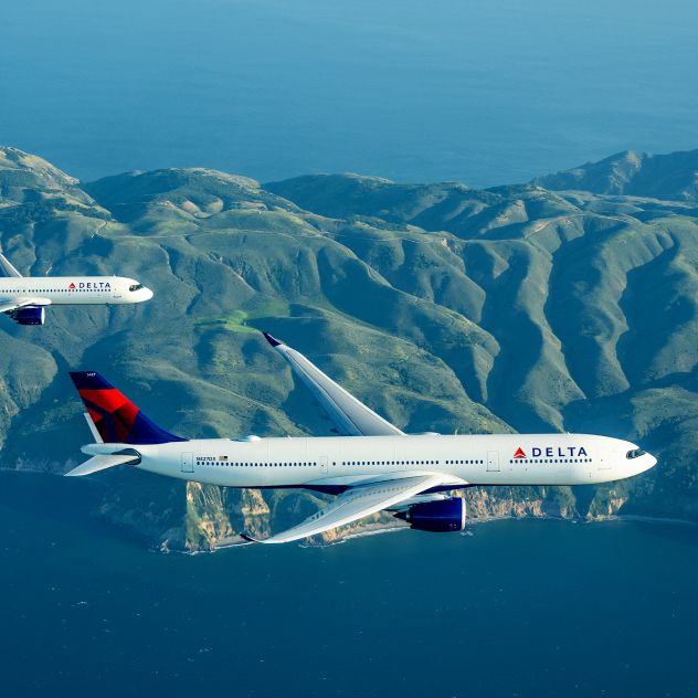 Two Delta airplanes fly side by side above open water, with a lush mountain range visible in the distance under a clear sky.