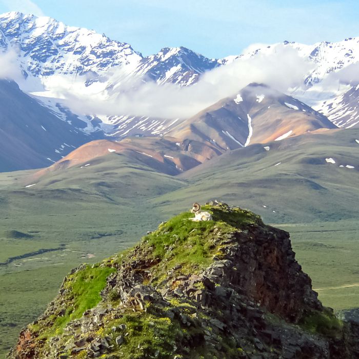 A rugged mountain landscape with snow‑capped peaks in the distance and rolling green valleys below. In the foreground, a rocky outcrop rises above the surrounding terrain under a partly cloudy sky.