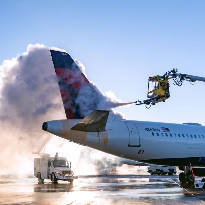 A Delta airplane on the tarmac is being deiced, with fluid spraying over the tail from an elevated boom truck and creating a cloud of mist against a clear blue sky.